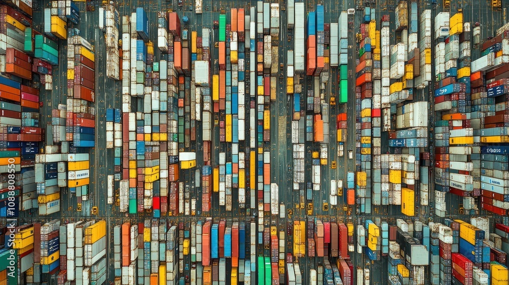 Aerial view of colorful shipping containers in a large container yard. Aerial view of colorful shipping containers in a large container yard.