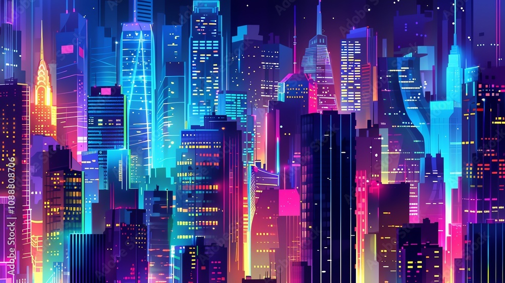 Obraz premium A retro-futuristic cityscape with neon lights and a starry night sky.