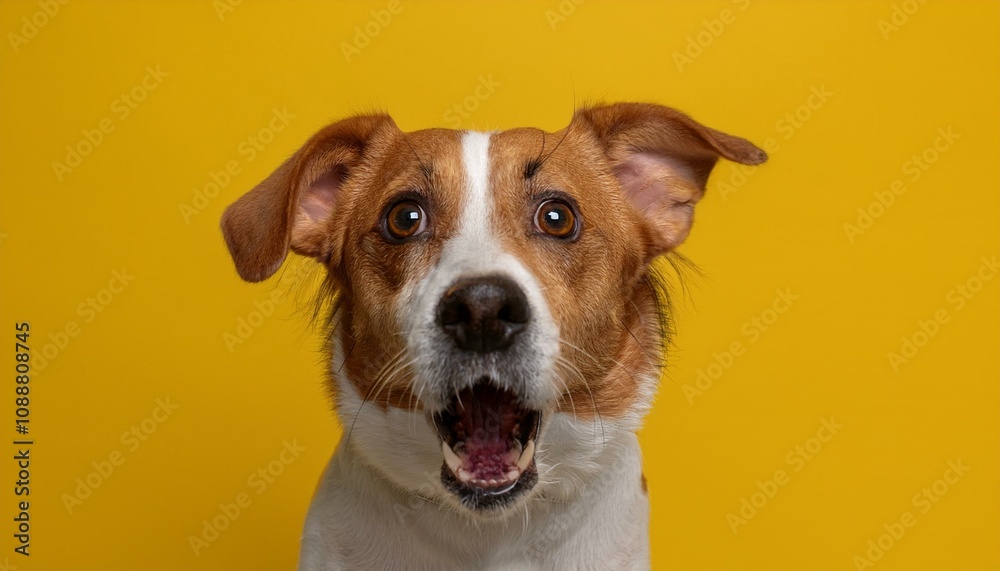 A closeup of a dog with wide, startled eyes and its mouth open as if gasping in shock A closeup of a dog with wide, startled eyes and its mouth open as if gasping in shock