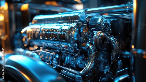 Close-up of a powerful, gleaming engine.