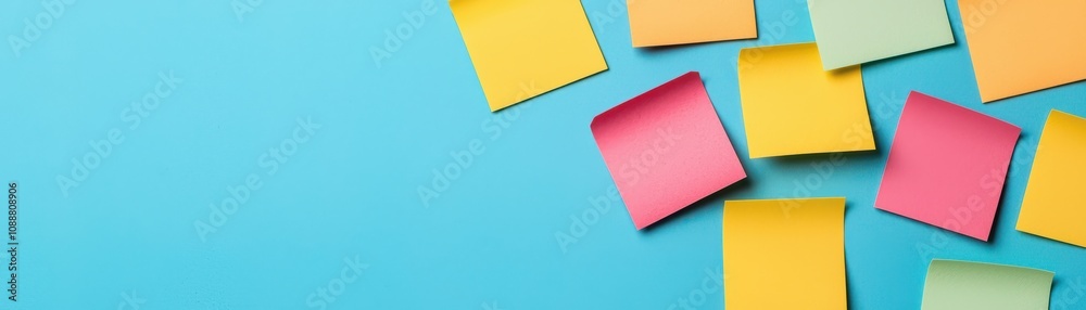 Colorful sticky notes scattered on a bright blue background, creating a vibrant and organized workspace atmosphere. Colorful sticky notes scattered on a bright blue background, creating a vibrant and organized workspace atmosphere.