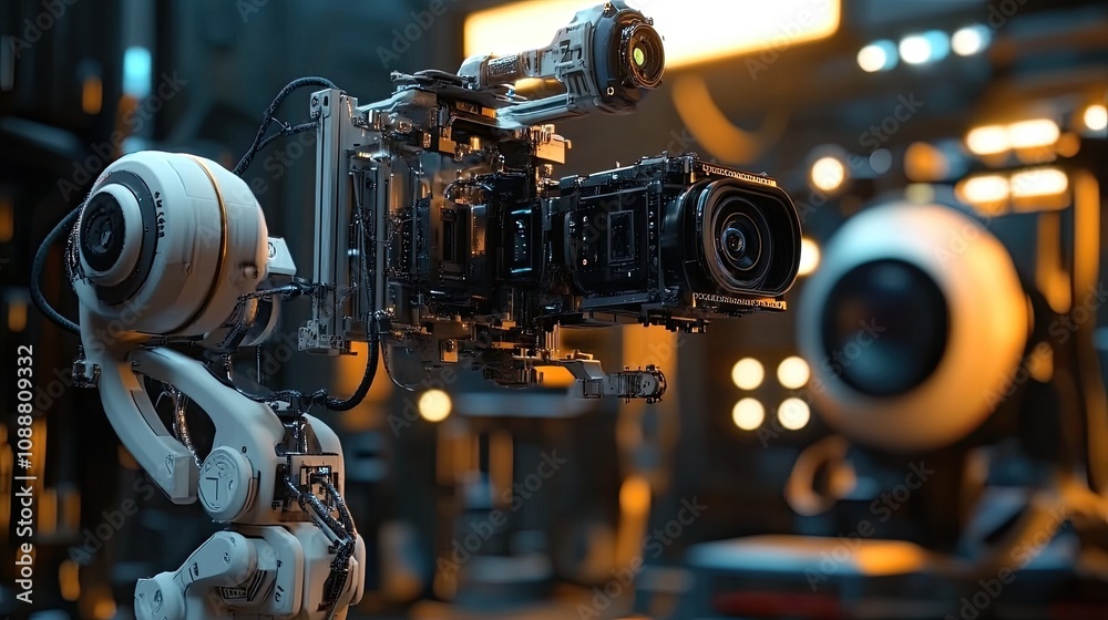 Robotic arm holding a futuristic camera in a studio. Robotic arm holding a futuristic camera in a studio.