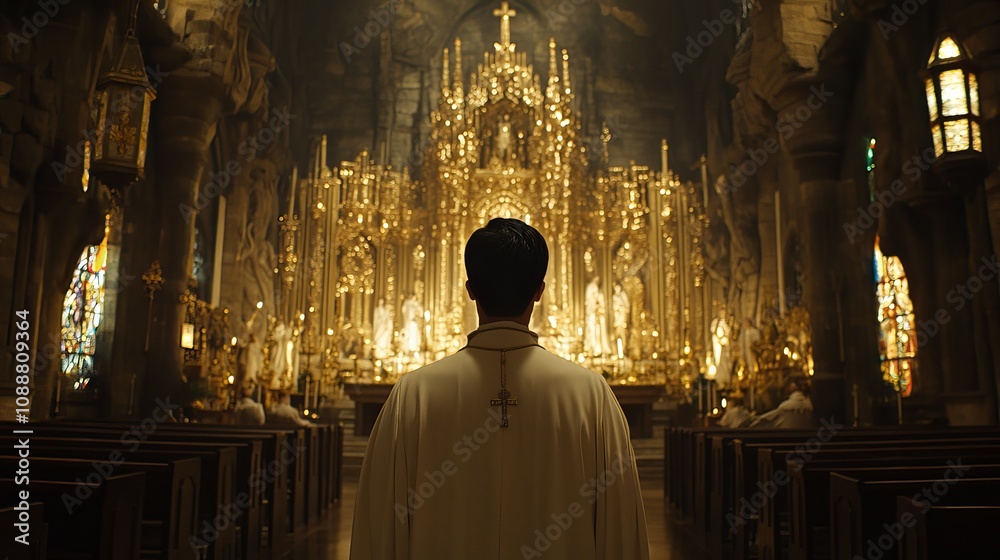 A man in a white robe stands in front of a large gold church A man in a white robe stands in front of a large gold church