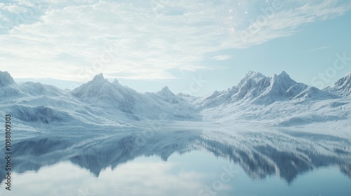 Serene snow-capped mountains reflected in a calm lake under a bright sky.