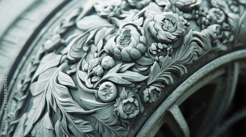 Intricate floral carving on a wheel, detailed stone relief. Intricate floral carving on a wheel, detailed stone relief.