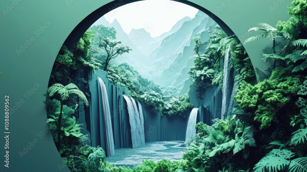 Obraz premium Lush tropical valley seen through a circular opening, featuring waterfalls and vibrant greenery.