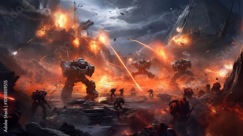 Intense Sci-Fi Battlefield Scene with Explosive Mech Warfare and Glowing Energy Weapons