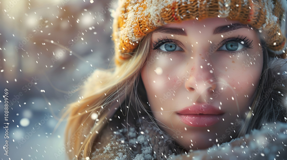 Portrait of young beautiful woman in winter clothes and strong snowing Portrait of young beautiful woman in winter clothes and strong snowing