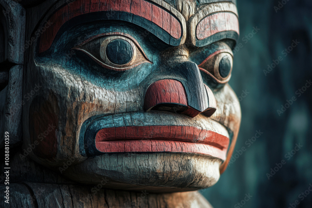 Close-up of a wooden totem pole with intricate carved details and vibrant colors, showcasing traditional indigenous art and craftsmanship. Close-up of a wooden totem pole with intricate carved details and vibrant colors, showcasing traditional indigenous art and craftsmanship.