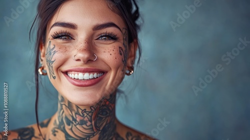 Happy tattooed woman smiling.