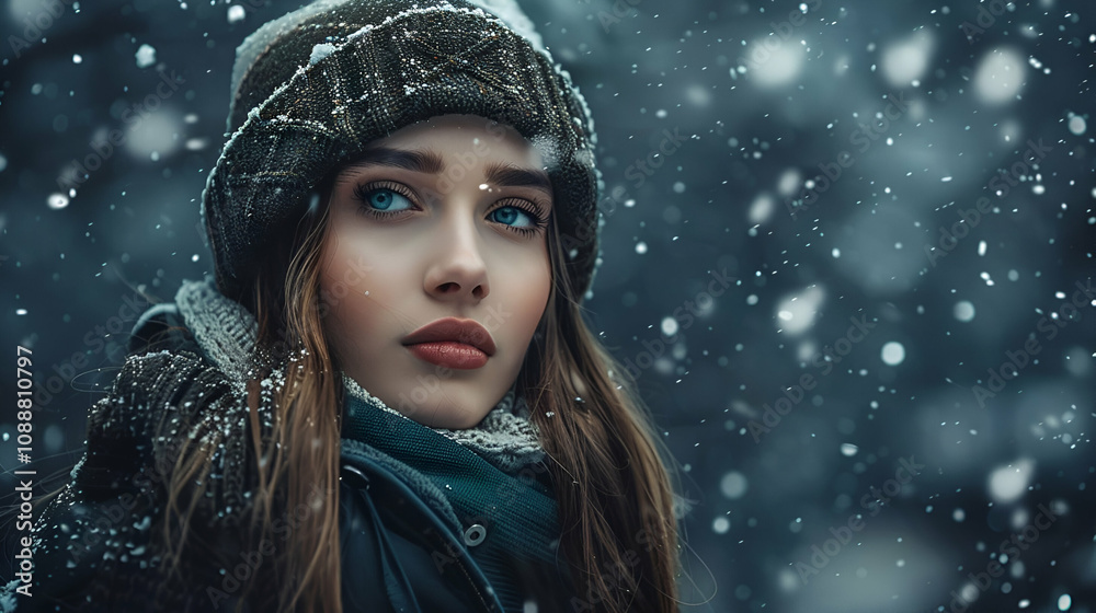Portrait of young beautiful woman in winter clothes and strong snowing Portrait of young beautiful woman in winter clothes and strong snowing