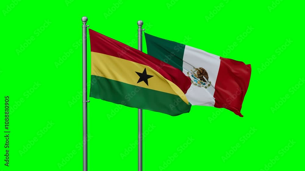 Mexico and Ghana flags flying together, video concept of the relationship with colored chroma key for easy background remove Mexico and Ghana flags flying together, video concept of the relationship with colored chroma key for easy background remove