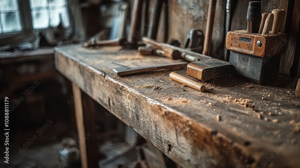 A rustic workshop with a wooden workbench, scattered tools, and sawdust, showcasing a creative and industrious atmosphere. A rustic workshop with a wooden workbench, scattered tools, and sawdust, showcasing a creative and industrious atmosphere.