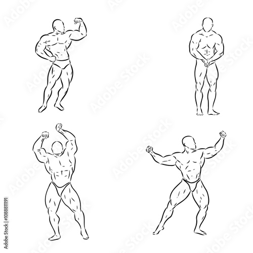 Posing bodybuilder, isolated vector silhouette, ink drawing