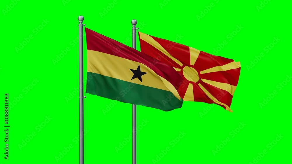 Ghana and North Macedonia flags flying together, video concept of the relationship with colored chroma key for easy background remove Ghana and North Macedonia flags flying together, video concept of the relationship with colored chroma key for easy background remove