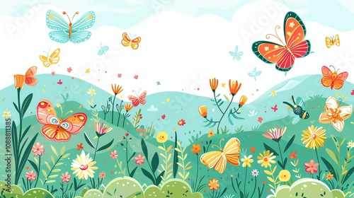 A whimsical illustration of butterflies flying over a field of flowers.