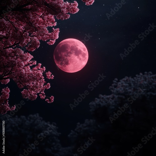 A vibrant pink moon rises above dark silhouettes of trees, surrounded by blooming cherry blossoms, creating a serene nighttime landscape. photo