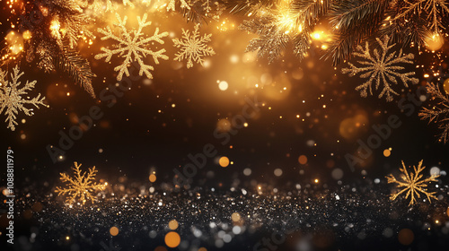 Golden snowflakes and bokeh lights on black background