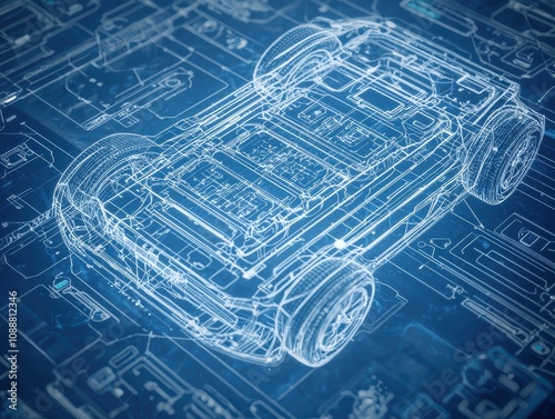 Detailed Blueprint of an Electric Vehicle Chassis with Digital Renderings and Technical Elements on a Blue Background, Showcasing Modern Automotive Design and Engineering