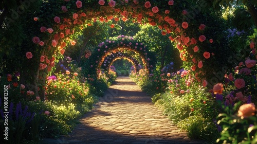 Vibrant Garden Pathway with Beautiful Floral Arches