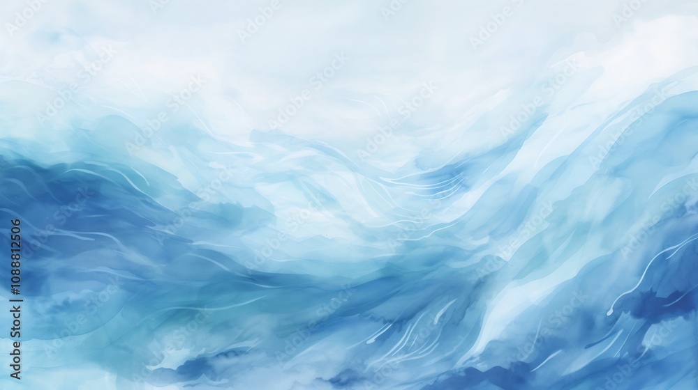 Obraz premium Tranquil Watercolor Ocean Waves with Dynamic Brushstrokes and Serene Blue Tones