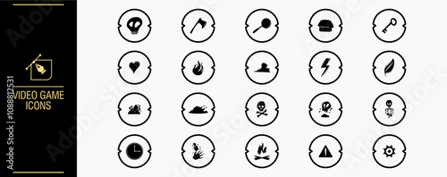 RPG game icon set, fantasy mobile app collection, vector health heal sign. , skill award, knight, skull, conaining Potion vials, magic elixirs, health heart and power lightning bolt