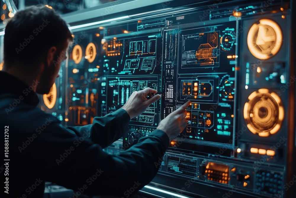 Futuristic User Interface Interaction with Digital Screens and Advanced Technology in a Control Room Setting Highlighting Innovative Interfaces and Data Visualization Techniques Futuristic User Interface Interaction with Digital Screens and Advanced Technology in a Control Room Setting Highlighting Innovative Interfaces and Data Visualization Techniques