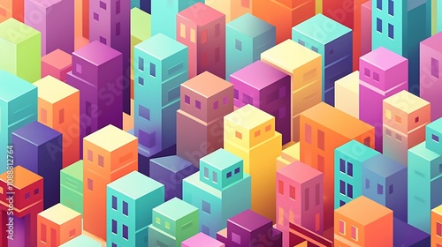 Vibrant Geometric Cityscape with Colorful Isometric Building Blocks