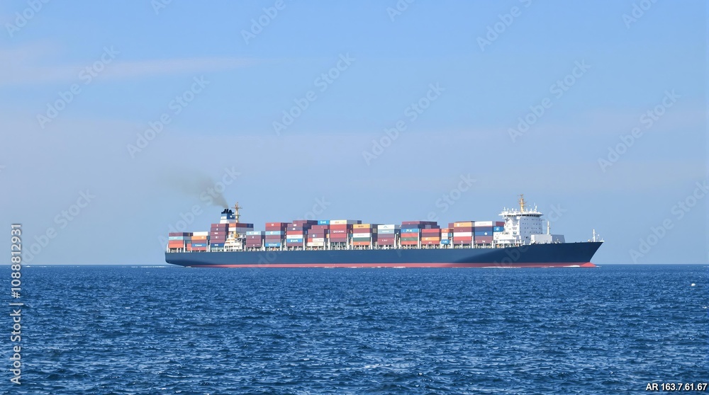 Large container ship transports cargo across open ocean under a clear sky Large container ship transports cargo across open ocean under a clear sky