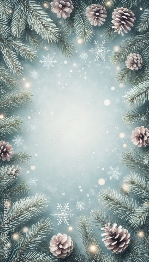 Pine branches and cones frame on a snowy winter background Pine branches and cones frame on a snowy winter background