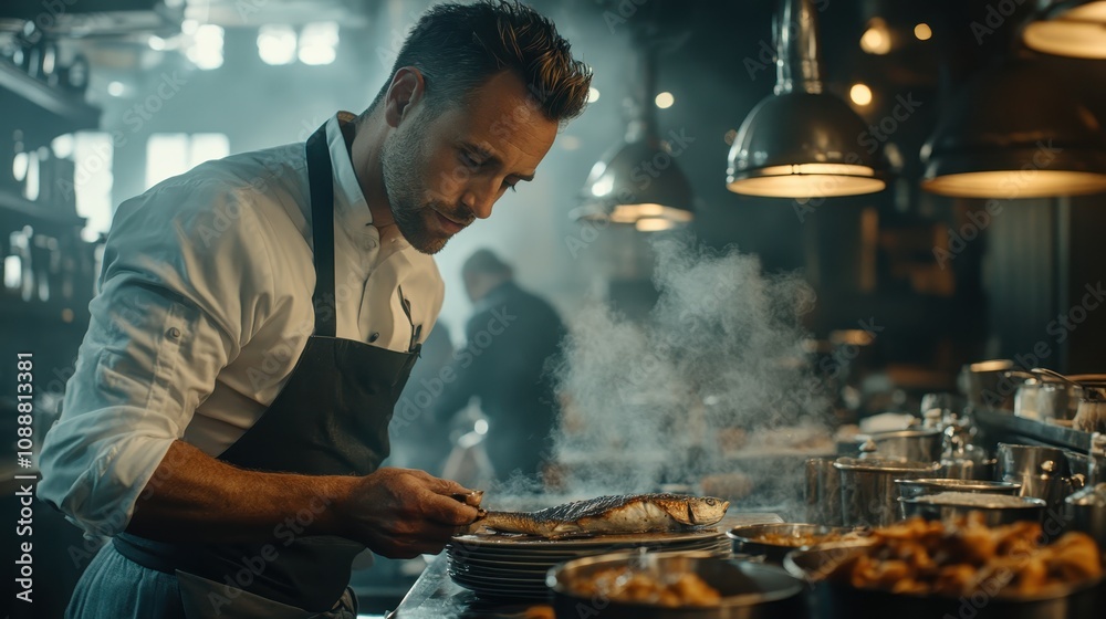 A chef expertly plating a dish in a bustling kitchen, surrounded by steam and warm lighting, highlighting culinary artistry and passion for cooking. A chef expertly plating a dish in a bustling kitchen, surrounded by steam and warm lighting, highlighting culinary artistry and passion for cooking.