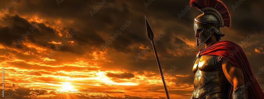 Obraz premium A Red-Cloaked Spartan Warrior Defending His Homeland at Sunset.Concept of Valor, courage, history, ancient Greece, war, battle, heroism,Historical fiction, video games, movies, military history.