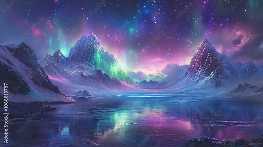 Magical aurora borealis over snow-capped mountains reflected in a calm lake at night. Magical aurora borealis over snow-capped mountains reflected in a calm lake at night.