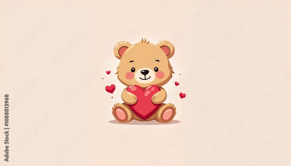 Cute teddy bear holding a heart with small red hearts Cute teddy bear holding a heart with small red hearts