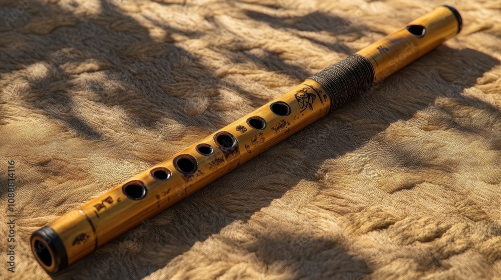 Naklejka premium A golden flute rests on a textured surface, showcasing its intricate design and shining finish in natural light.