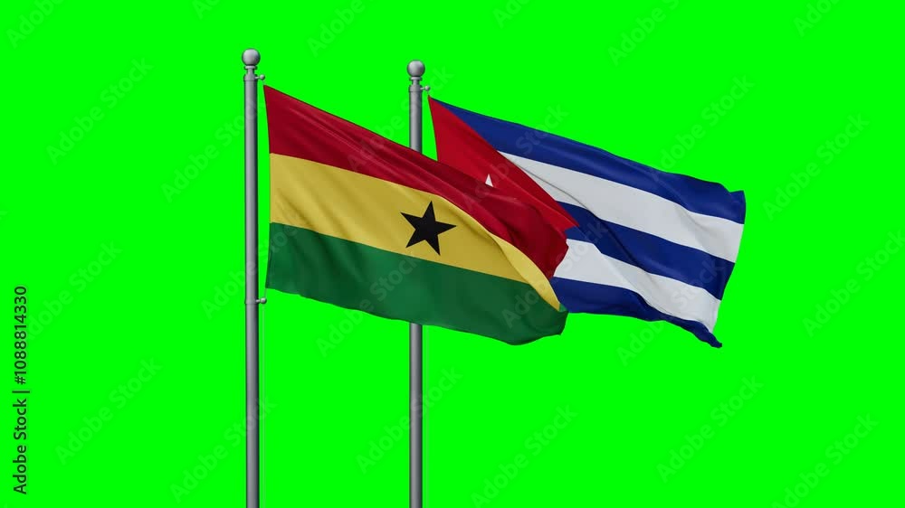 Cuba and Ghana flags flying together, video concept of the relationship with colored chroma key for easy background remove, two country cooperation concept Cuba and Ghana flags flying together, video concept of the relationship with colored chroma key for easy background remove, two country cooperation concept