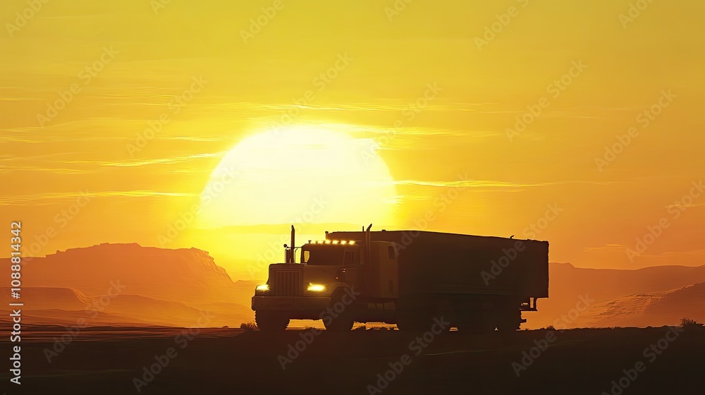Semi-truck silhouette at sunset in desert. Semi-truck silhouette at sunset in desert.