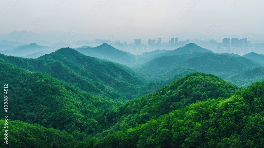 Lush green hills fade into misty mountains, with a city skyline barely visible in the background, creating a serene nature-urban contrast. Lush green hills fade into misty mountains, with a city skyline barely visible in the background, creating a serene nature-urban contrast.