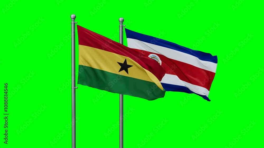 Costa Rico and Ghana flags flying together, video concept of the relationship with colored chroma key for easy background remove, two country cooperation concept Costa Rico and Ghana flags flying together, video concept of the relationship with colored chroma key for easy background remove, two country cooperation concept