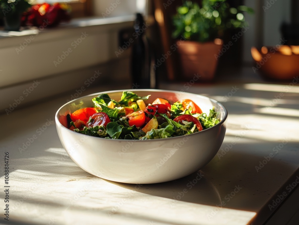 Fresh and Colorful Salad in a Modern Bowl with Sunlight Streaming Through a Window in a Bright Kitchen Setting Fresh and Colorful Salad in a Modern Bowl with Sunlight Streaming Through a Window in a Bright Kitchen Setting