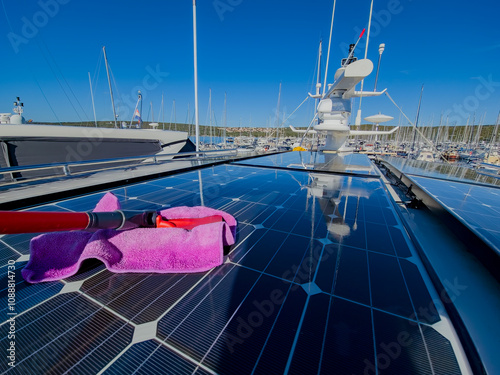 Quadro em tela Photography of solar panels on a boat docked at the port being dried and cleancleaned with a pink mop to collect solar energy more efficiently during a sunny day