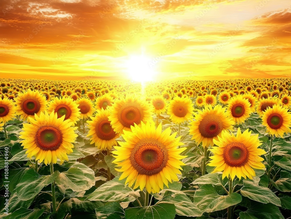 Fototapeta premium Vast Field of Sunflowers Under a Glorious Sunset with Vibrant Colors Illuminating the Sky and Bringing Life to Nature's Beauty