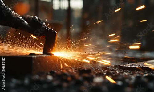 A Skilled Blacksmith Working with Hot Metal in a Forge, creating Sparks and Illuminating the Workshop with Warm Light, Evoking Artisanal Craftsmanship and Industrial Strength photo