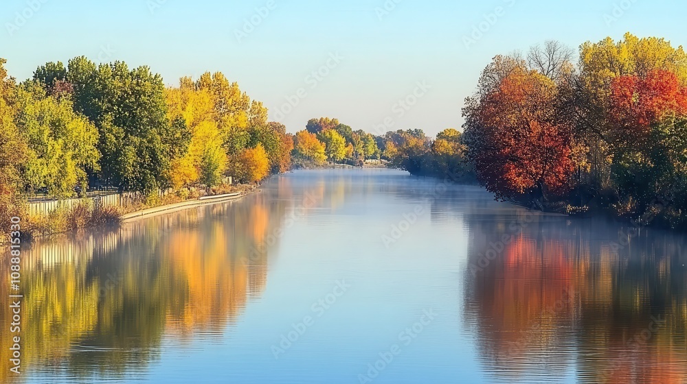 Fototapeta premium Calm autumn river reflecting colorful foliage.