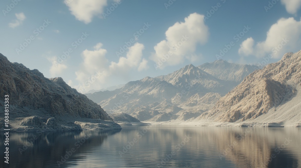 Calm lake reflecting mountains under a partly cloudy sky. Calm lake reflecting mountains under a partly cloudy sky.
