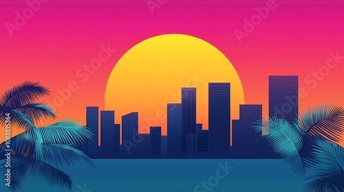 Retro Inspired Digital of Vibrant City Skyline at Sunset with 80s Aesthetics photo