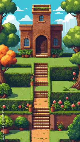 Pixel game level design. Platform game asset, fantasy 8 bit environment. tower, field, flowers