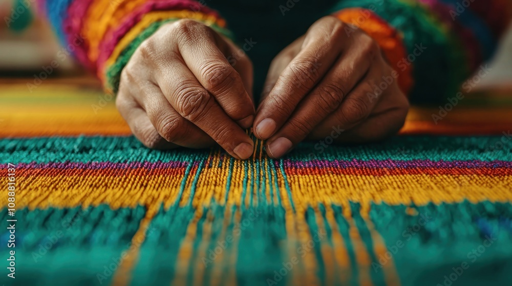 A close-up of hands weaving colorful threads on a loom, showcasing intricate craftsmanship and vibrant patterns in textile art. A close-up of hands weaving colorful threads on a loom, showcasing intricate craftsmanship and vibrant patterns in textile art.