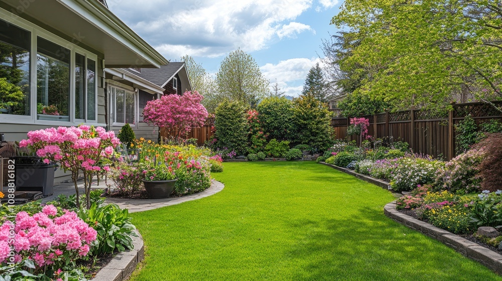 Beautiful Spring Garden with Vibrant Flowers and Greenery