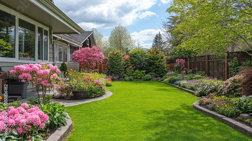 Beautiful Spring Garden with Vibrant Flowers and Greenery